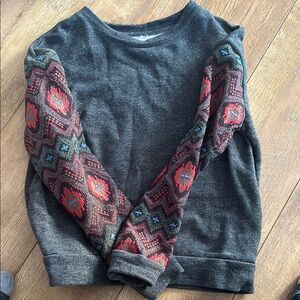 Miss Me Gray and Red Crew Neck Sweater with Intricate Sleeves